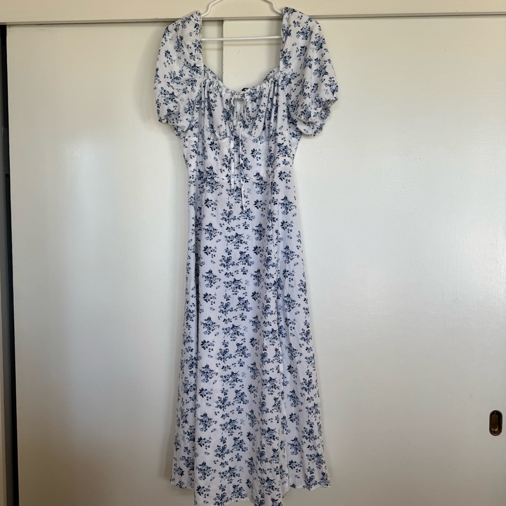 Floral Blue and White Midi Dress w/ Slit